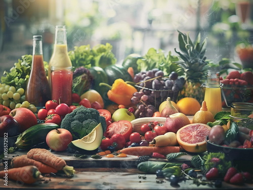 Healthy vegetables and fruits are laid out on the table. Lots of fruits and vegetables. Vegetarian cuisine
