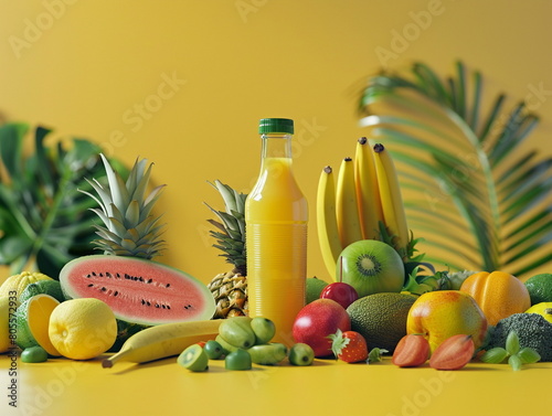 Set of exotic fruits on a yellow background. Exotic fruits, mango, kiwi, pineapple, banana on a yellow background.
