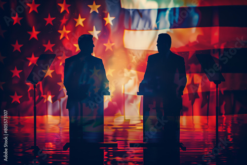 A silhouette of two politicians standing at podiums with the american flag in background, double exposure. United States elections, Democrats and Republicans photo