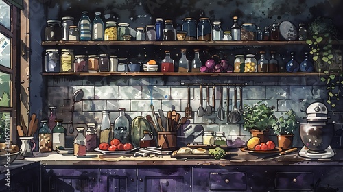 Illustrate a side view of a haunted kitchen filled with eerie ingredients and utensils, blending culinary elements with horror vibes in a watercolor style