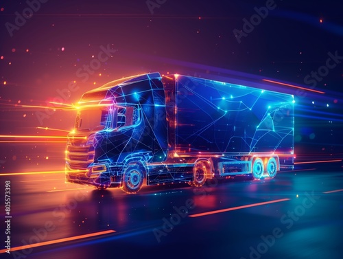 Neural lowpoly AI futuristic neon network of a truck