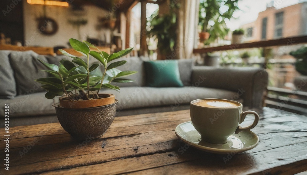 a cup of coffee sitting on top of a wooden table next to a couch and a potted plant on top of a wooden table generative ai