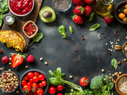 Organic food on black stone background. Vegetables and fruits. View from above. Free space for copying.