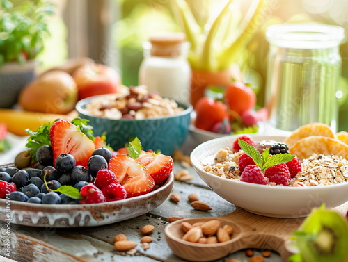 Healthy breakfast with fruits and berries, muesli, raspberries, blueberries. Vegetarian food, diet concept, weight loss, healthy lifestyle and nutrition