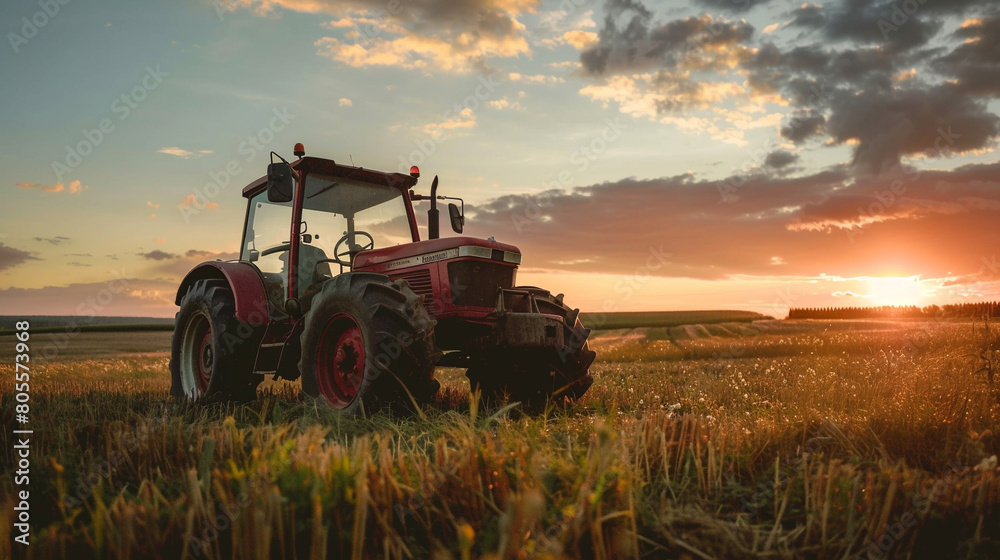 Fototapeta premium Tractor in the cornfield. 