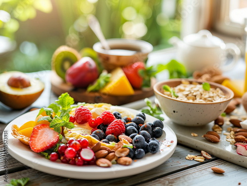 Healthy breakfast with fruits and berries, muesli, raspberries, blueberries. Vegetarian food, diet concept, weight loss, healthy lifestyle and nutrition