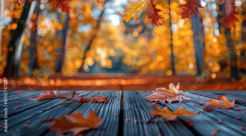 Wooden Table Covered With Leaves