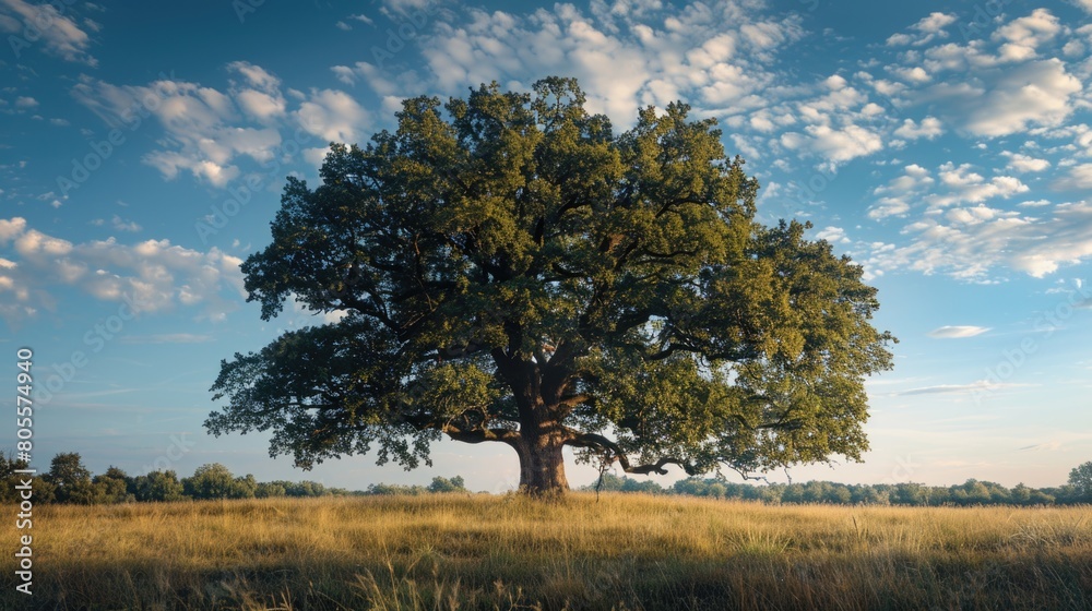 Obraz premium Single tree standing in a grassy field under a clear blue sky. Suitable for nature or landscape themes