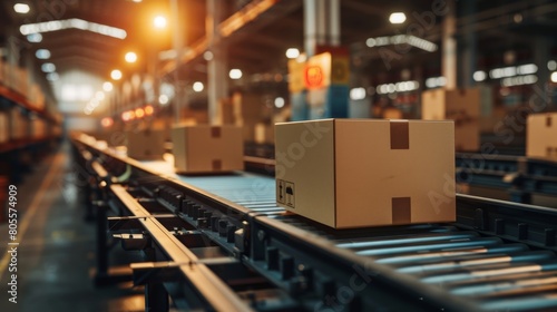  Cardboard Boxes Moving on Conveyor Belt in Distribution Warehouse