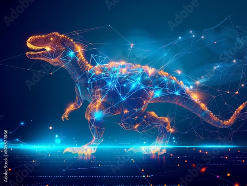 Neural lowpoly AI futuristic neon network of a T-rex