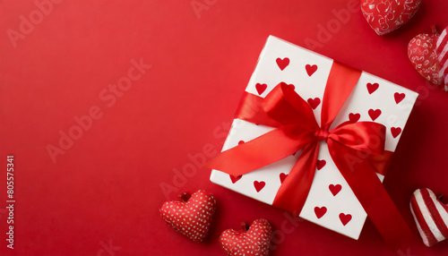 Top view photo of valentine's day decorations giftbox in white wrapping paper with heart pattern and red bow on isolated red background with blank space 