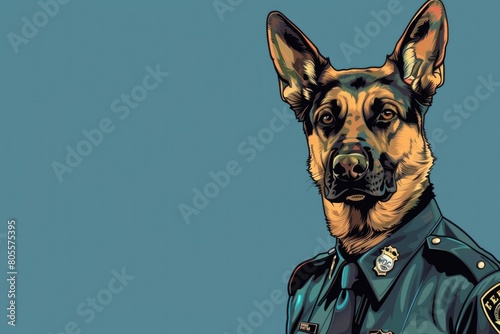 A police dog in uniform on a blue background. Ideal for law enforcement concepts