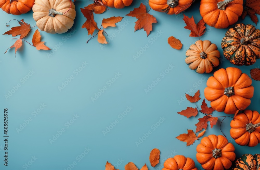 Group of Pumpkins and Leaves on Blue Background Group of Pumpkins and Leaves on Blue Background