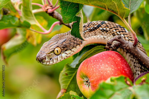 The biblical story: the serpent seducer on an apple tree in the garden