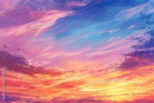 A beautiful painting of a sunset with dramatic clouds. Perfect for adding a serene touch to any room decor photo