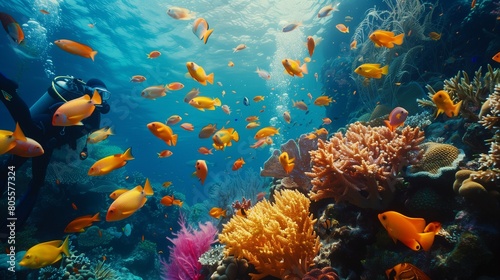 Underwater scuba diving adventure, coral reefs and tropical fish, vivid marine life, YouTube thumbnail © Mehram