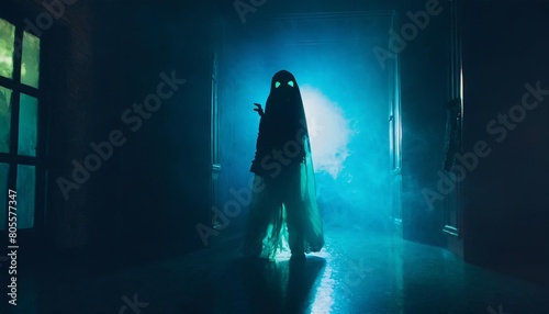 silhouette of horror ghost inside dark room with fog and light