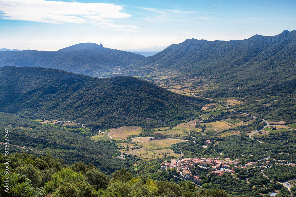 Valley and town of Duilhac-sous-Peyrepertuse in Languedoc, France