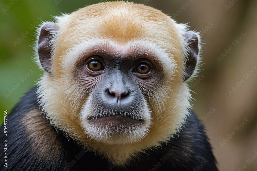 Fototapeta premium top close and full framed view of White-Faced Capuchin head , detailed and sharp textures, large depth of field