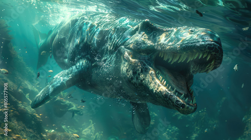 underwater scene depicting a Mosasaurus, a fearsome marine reptile from the late Cretaceous period, hunting and navigating through the depths of an ancient ocean teeming with diverse aquatic life