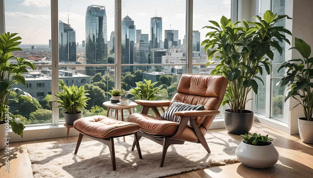 Fototapeta premium gemütlicher Leder Sessel in einem Wohnzimmer mit Ausblick auf Skyline einer Stadt, gemütliche Lounge umgeben von grünen Pflanzen, gemütliche Oase zum Entspannen relaxen genießen