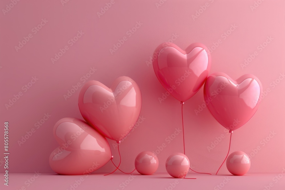 Pink heart shaped balloons on a pink surface. Suitable for Valentine's Day celebrations