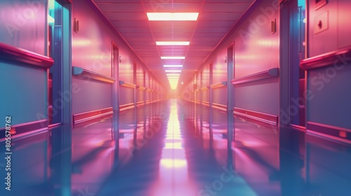 Long Hallway With Blue Walls and Paintings