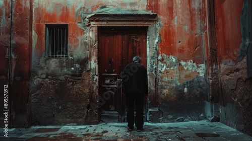 A man standing in front of an old building door. Perfect for real estate or mystery themes