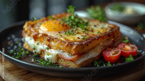 Gourmet Croque Monsieur with Egg and Tomatoes. Delectable Croque Monsieur topped with a perfectly cooked egg, garnished with fresh herbs and halved cherry tomatoes, served on a stylish black plate.