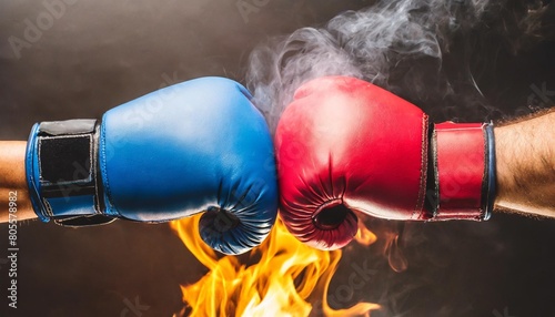 two boxing gloves colliding with dramatic smoke and fire effects photo