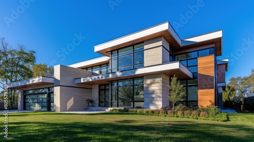 An elegant two-story modern house captured in bright daylight, featuring a minimalistic and clean design