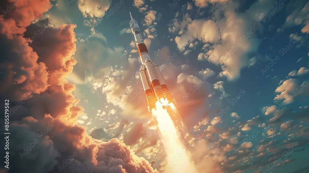 rocket stars into space. spaceship takes off into the night sky on a mission.Elements of this image furnished by NASA