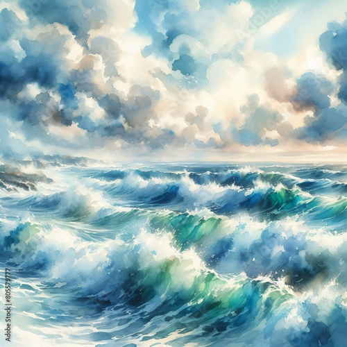 watercolor painting image of sea waves and clouds
