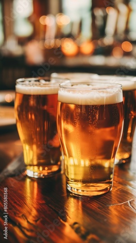 Three glasses of beer resting on a wooden table