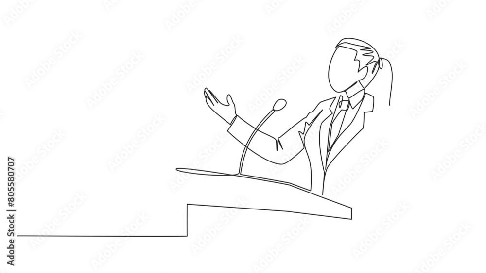 Animated self drawing of continuous one line drawing businesswoman speaking at podium while opening hands. Explain history of the company to become a multinational. Full length single line animation Animated self drawing of continuous one line drawing businesswoman speaking at podium while opening hands. Explain history of the company to become a multinational. Full length single line animation
