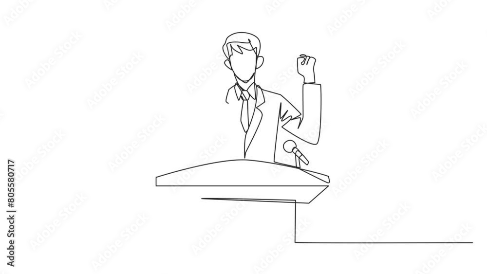 Animation of one line drawing of single one line drawing young businessman speaking at the podium while raising and clenching both hands. Styled like a politician seeking votes. Full length motion Animation of one line drawing of single one line drawing young businessman speaking at the podium while raising and clenching both hands. Styled like a politician seeking votes. Full length motion