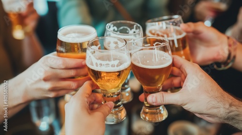 A diverse group of individuals raising glasses of beer in celebration