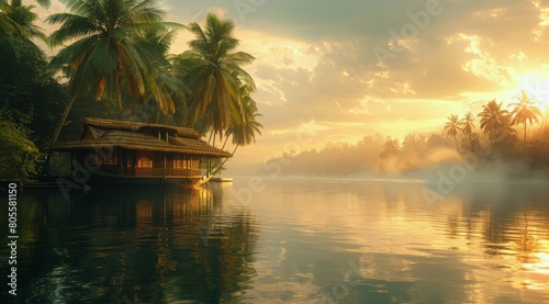 Houseboat on River With Palm Trees