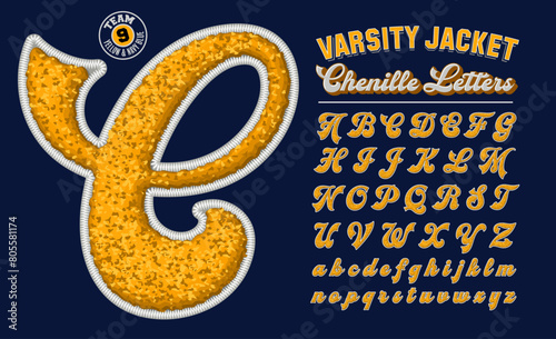 A collection of letters with the effect of letterman jacket embroidered patches in chenille fabric; 3d effect embroidery script alphabet.