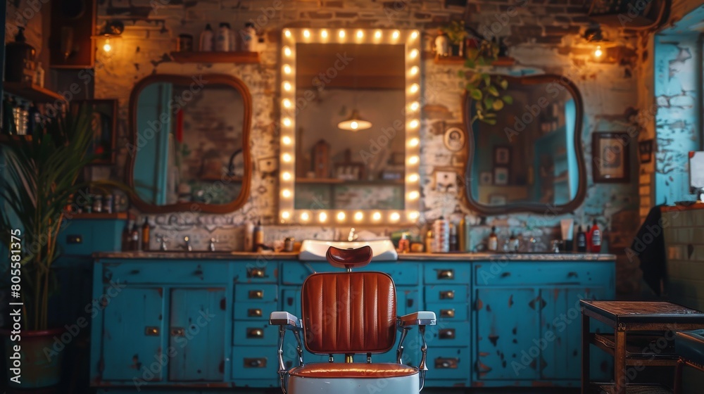 Barber Shop With Checkered Floor and Blue Walls