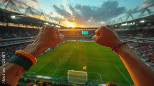 Two Hands Holding Each Other in Front of a Soccer Field