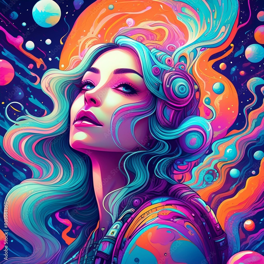 psychedelic woman with hair, graffiti style spray paint street art abstract design