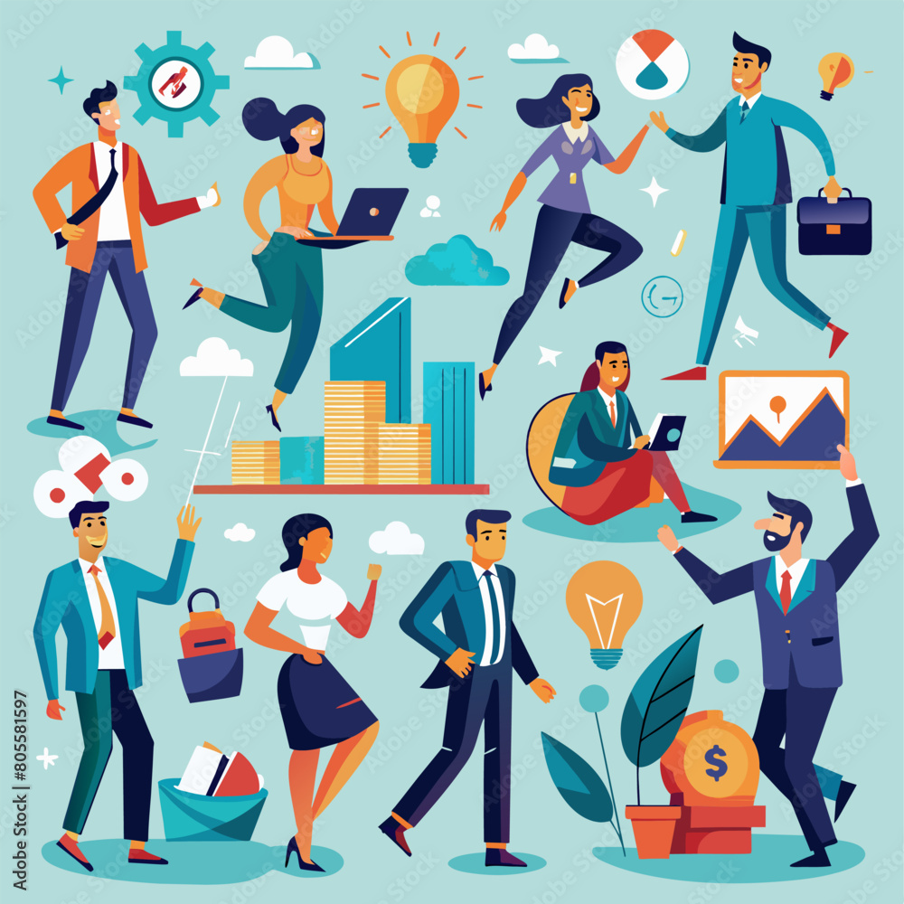 Business characters set - handshake presentation working achieving a goal and more. Flat style. Vector illustration. Business characters set - handshake presentation working achieving a goal and more. Flat style. Vector illustration.