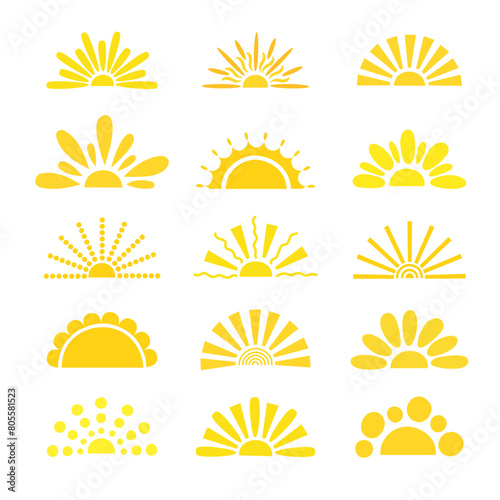 Simple yellow half sun hand drawn vector flat illustration with half-circle shape in middle, cute summer sunset, dawn image for logo, cards, decor, vacation concept, holiday, summertime kids design