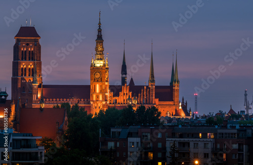 St. mary church and Town hall in Gdansk at night