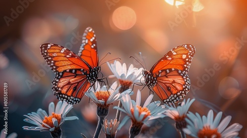 Two Butterflies Flying Over a Bunch of Flowers © olegganko