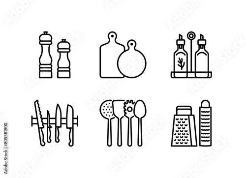 Kitchenware line icon - pepper grinder, cutting board, seeds oil, kitchen knives, utensils, grater. Linear illustrations culinary concept. Editable stroke, thin stroke.