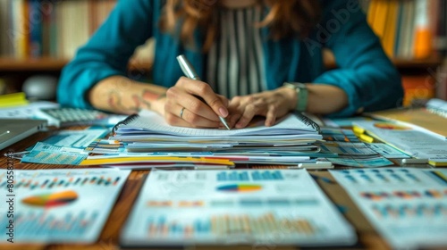 Woman Sitting at Table With Papers and Pen