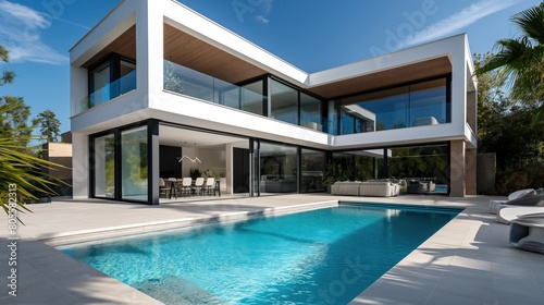 Architecturally striking modern home with poolside lounging area and sleek  geometric lines throughout the design