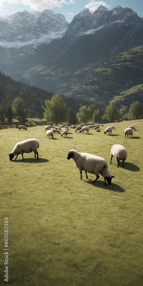 Fototapeta premium Sheep flock grazing in mountains on green grass meadow